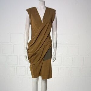 $1425 Donna Karan Vintage Shift Asymmetrical Olive Dress 10
